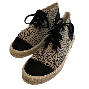 JustFab Parnella‎ Black and Brown Leopard Print Tie Sneakers Espadrille Sz 8.5